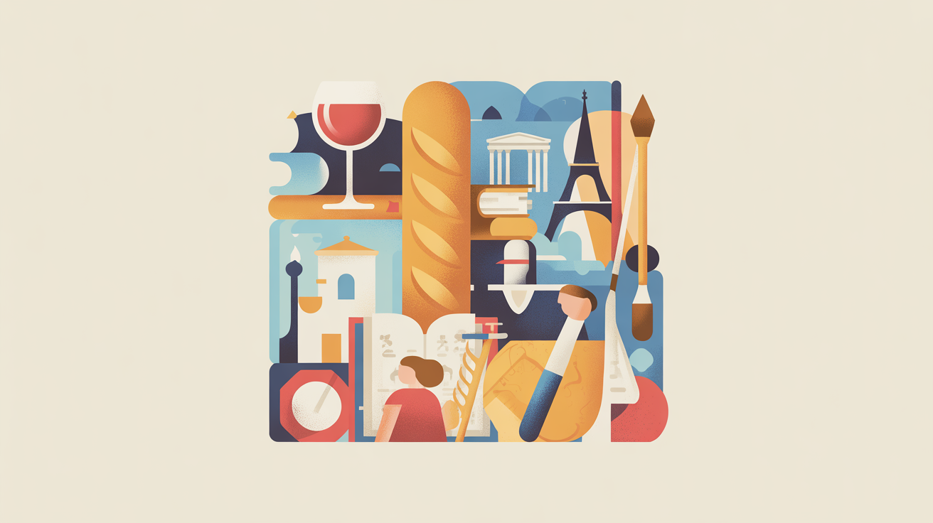 Illustration Culture pour l'examen civique - La culture française : gastronomie, littérature, arts, monuments, personnalités qui ont marqué l'histoire culturelle de la France.