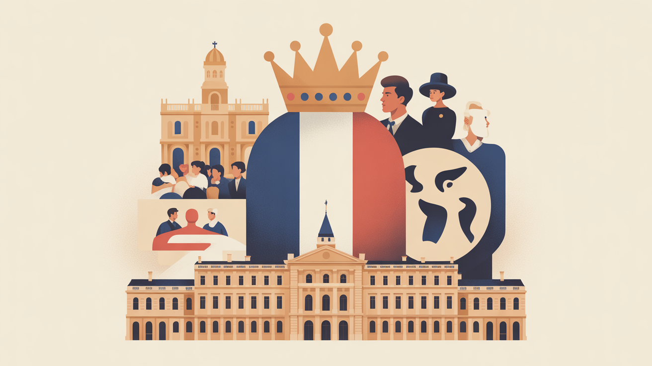 Illustration Histoire pour l'examen civique - L'histoire de France est essentielle pour comprendre les valeurs de la République. De la monarchie à la Ve République, découvrez les événements qui ont façonné la France moderne : Révolution de 1789, guerres mondiales, la Résistance, et l'évolution des institutions.