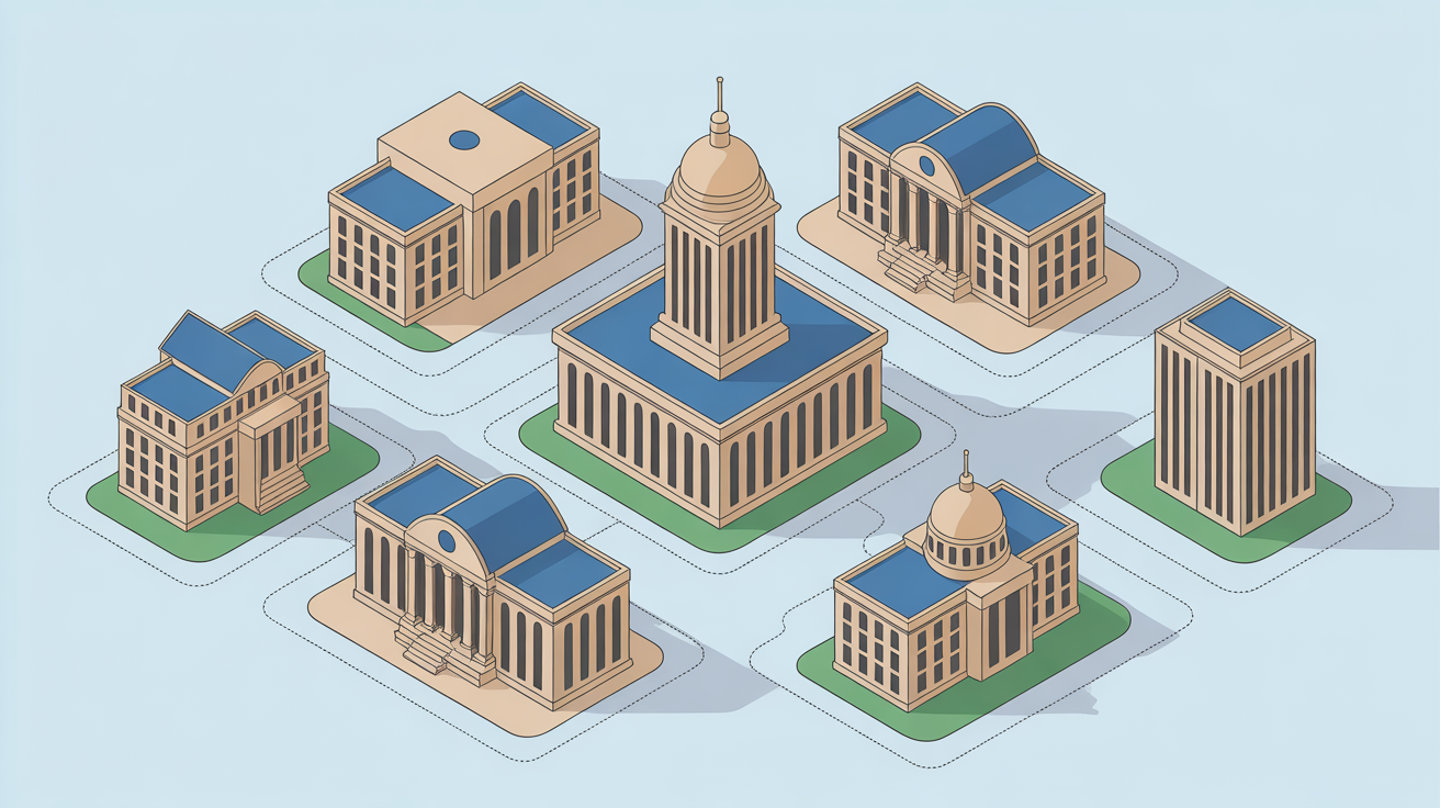 Illustration Institutions pour l'examen civique - Comprenez le fonctionnement des institutions françaises : Président, Gouvernement, Parlement, élections. La Ve République et ses mécanismes démocratiques.