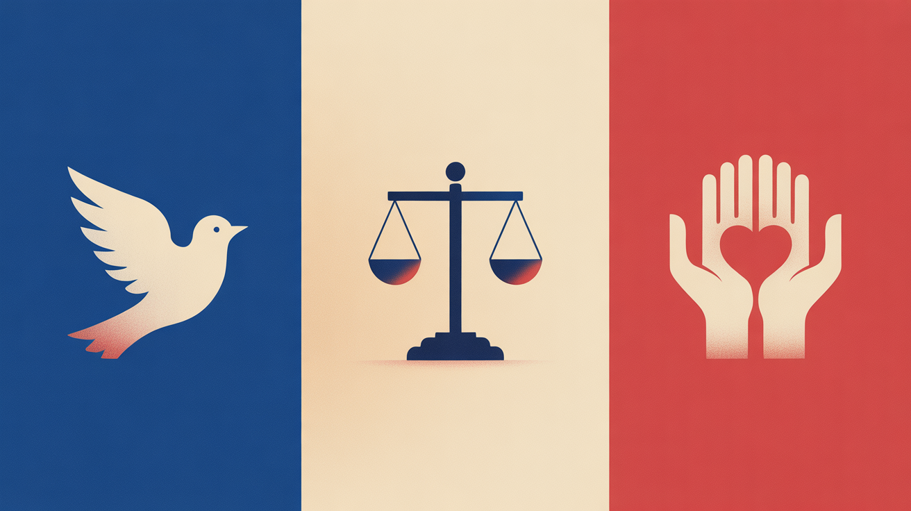 Illustration Valeurs & principes pour l'examen civique - Les valeurs républicaines sont au cœur de la citoyenneté française. Liberté, Égalité, Fraternité, Laïcité : comprenez les principes fondamentaux qui unissent les citoyens français.